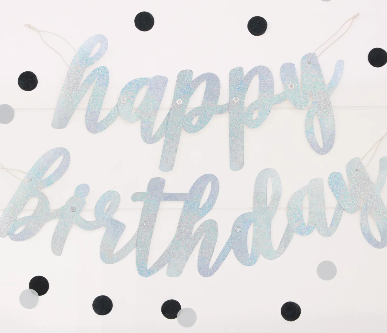 Happy Birthday kirjainnauha hopeanvärinen hologrammi