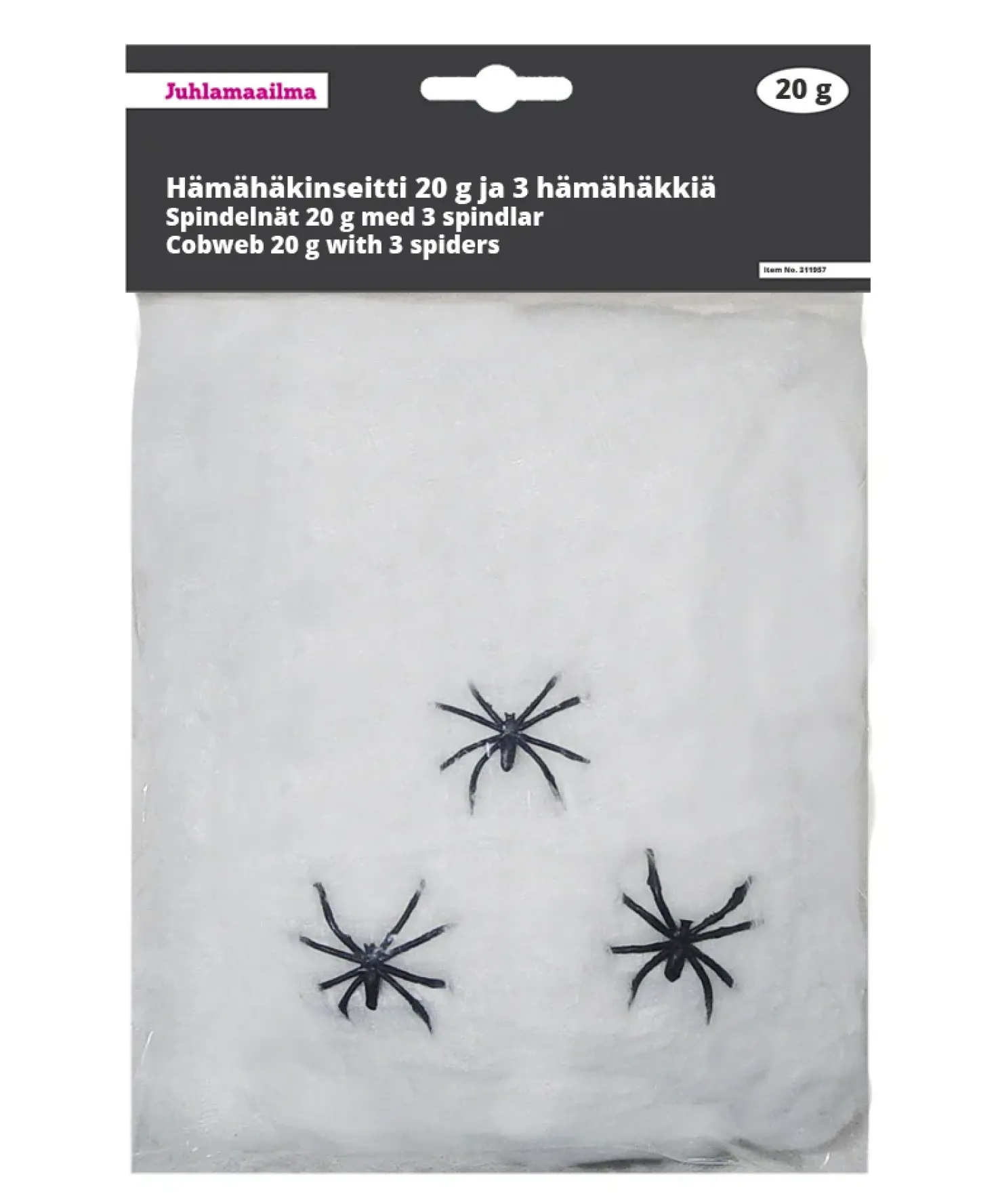 Hämähäkinseitti 20 g, valkoinen ja 3 hämähäkkiä