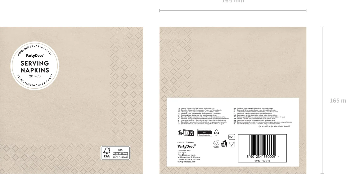 Lautasliina beige, 33 x 33 cm 20 kpl/pkt