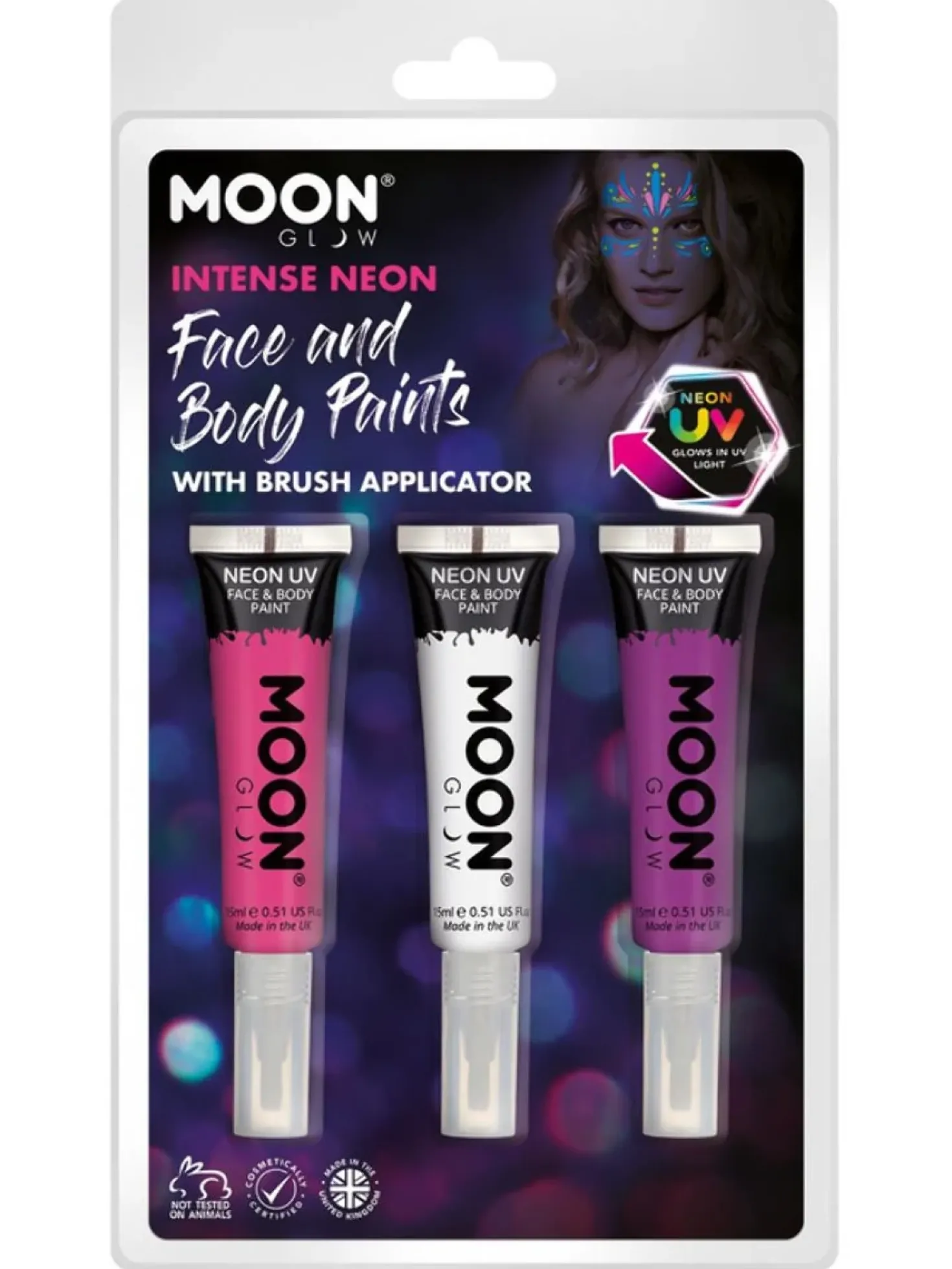 Moon UV kasvoväri siveltimellä pinkki/valkoinen/violetti 15 ml 3 kpl/pkt