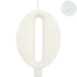 Numerokynttilä 0 valkoinen kimalle 9,5 cm