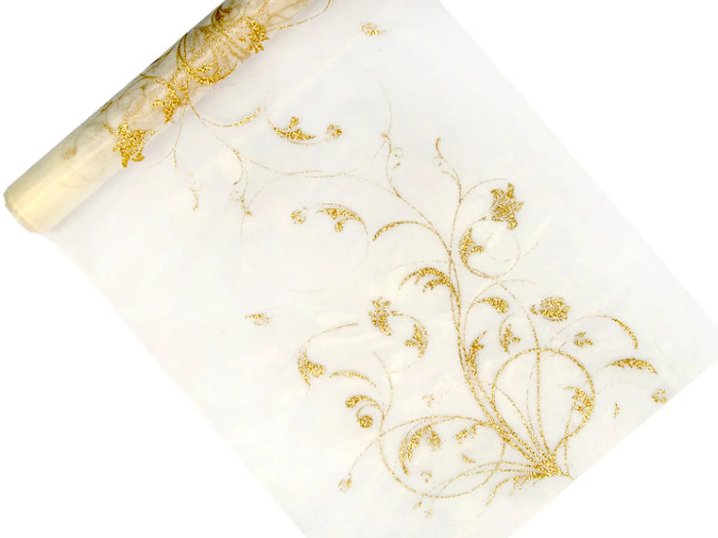 Organza valkoinen kultakuviolla 900 x 36 cm