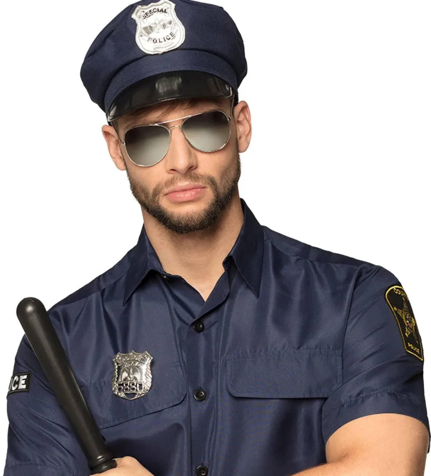 Poliisi asustesetti; hattu,lasit,pamppu ja virkamerkki