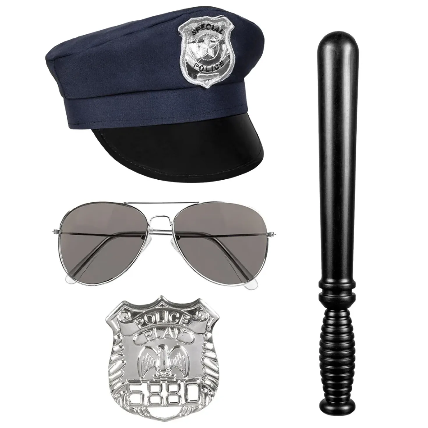 Poliisi asustesetti; hattu,lasit,pamppu ja virkamerkki