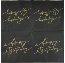 Suuri lautasliina Happy Birthday musta 33 x 33 cm 20 kpl/pkt